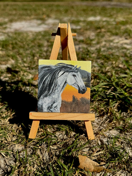 Mini Canvas Magnet- Grey Horse Sunset Lit